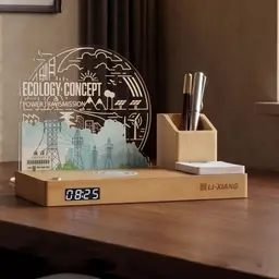 Wooden Desk Organizer Gift Set with Clock, Pens and Notebook thumbnail 3