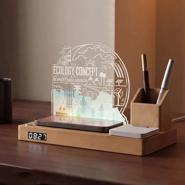 Wooden Desk Organizer Gift Set with Clock, Pens and Notebook corporate gift set
