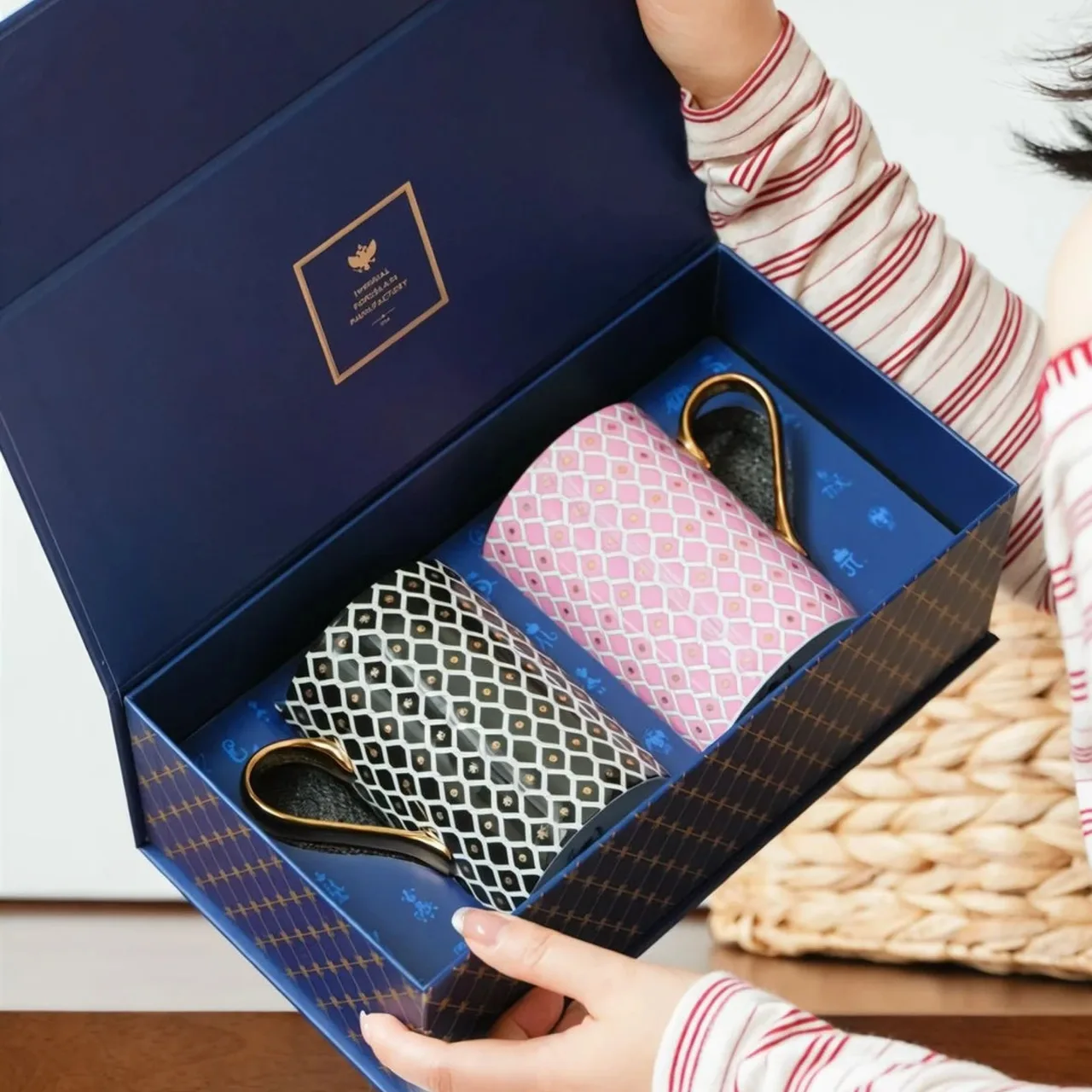 Two Ceramic Mugs Gift Set with Gold Handles in Blue Box