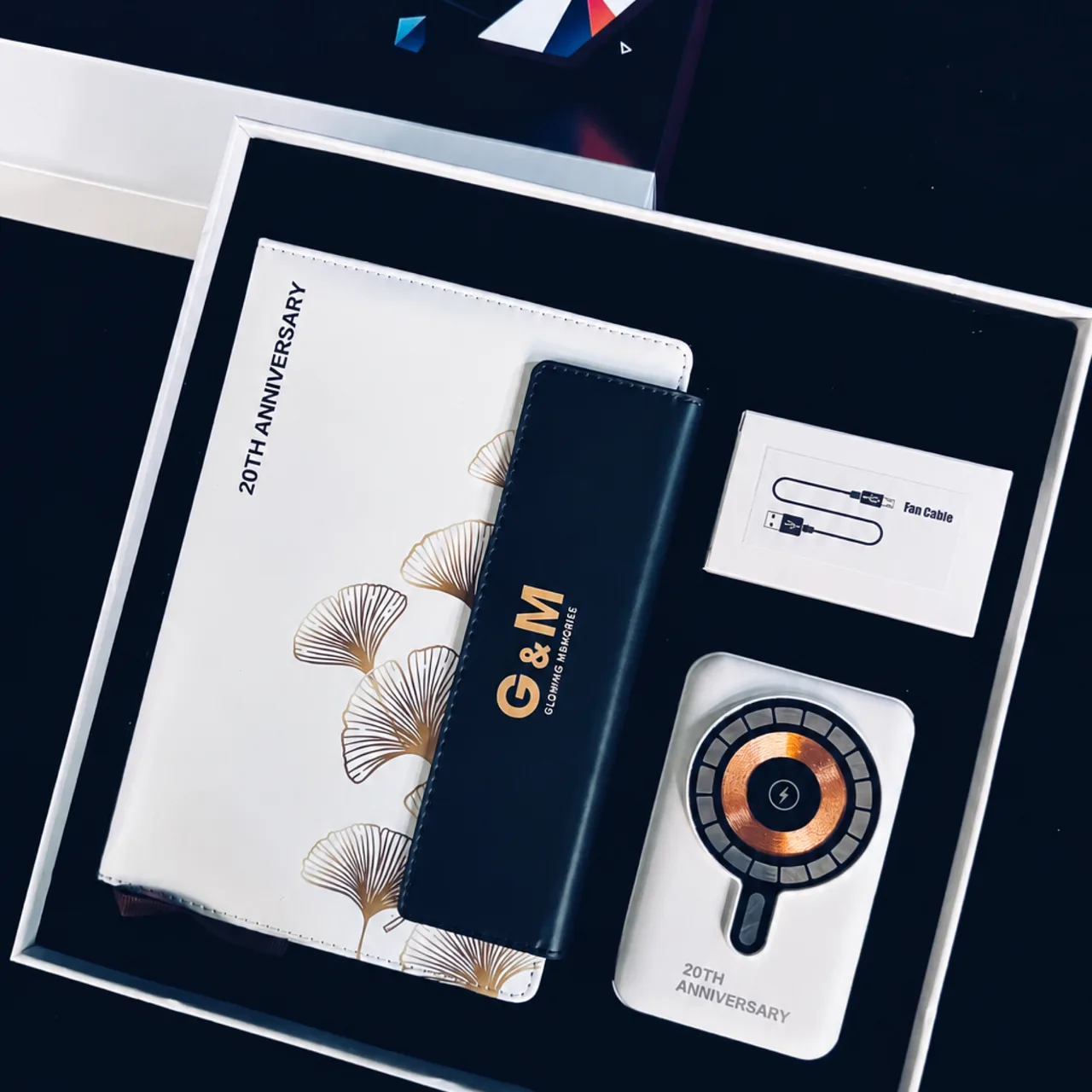A5 Leather Notebook, Pen & Wireless Charger Handheld Fan Gift Set