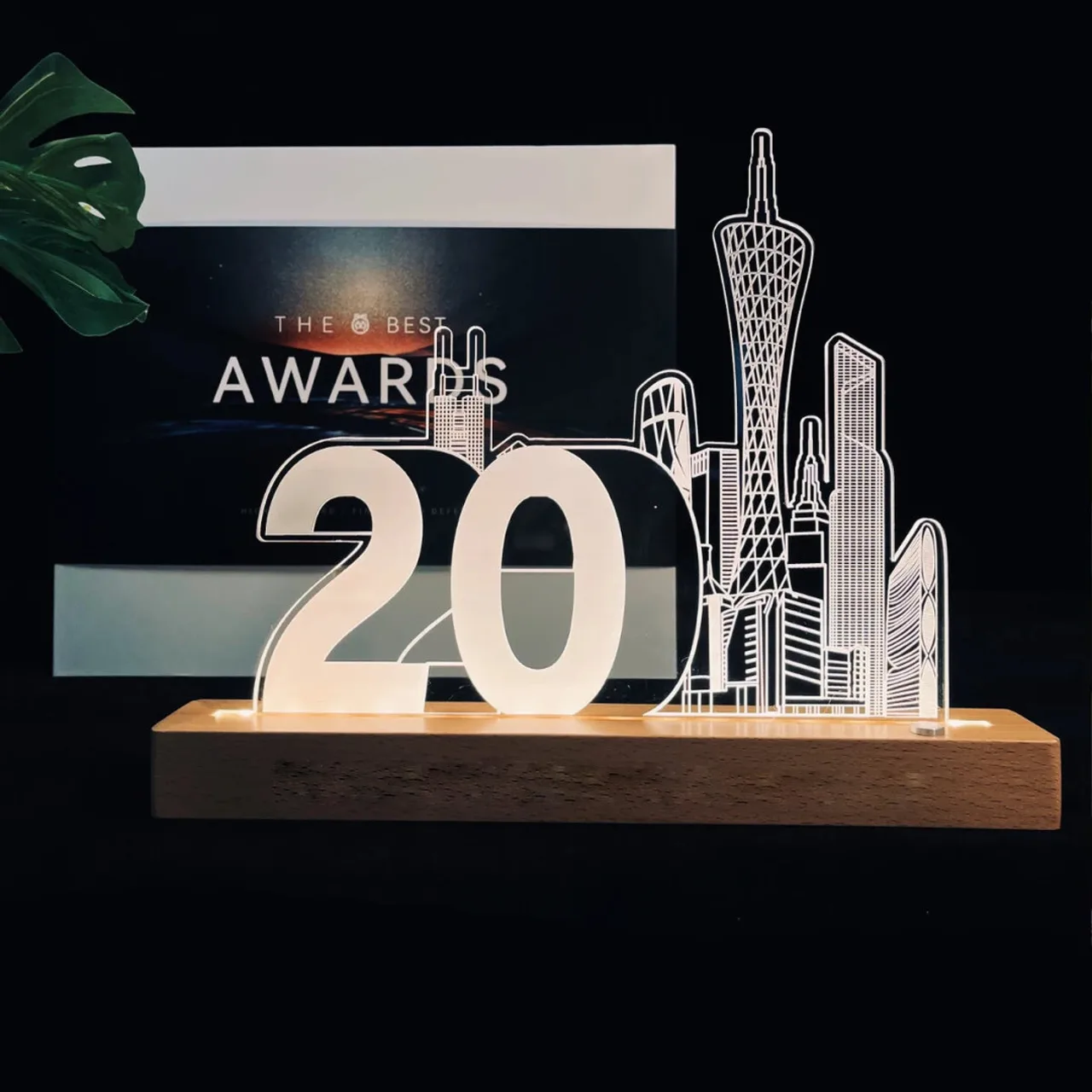 City Skyline Night Light Desk Ornament with Wooden Base — View 1