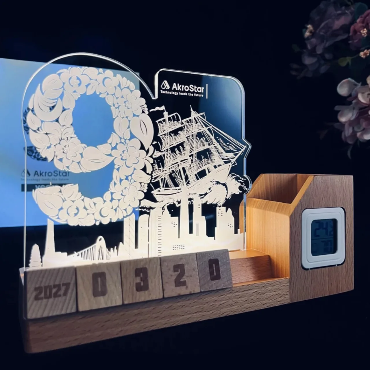 Wooden Desk Organizer with Perpetual Calendar and Night Light — View 1