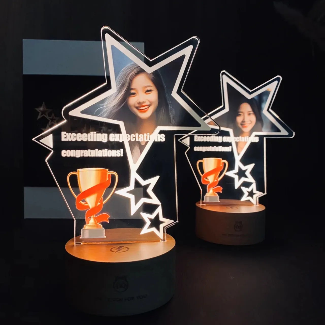 Two Star Light-Up Trophies with Acrylic Panel and Wooden Base — View 1