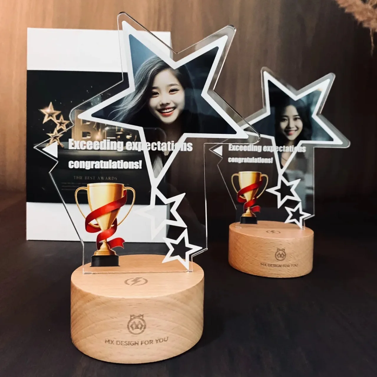 Two Star Light-Up Trophies with Acrylic Panel and Wooden Base corporate gift set