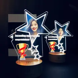 Two Star Light-Up Trophies with Acrylic Panel and Wooden Base thumbnail 2