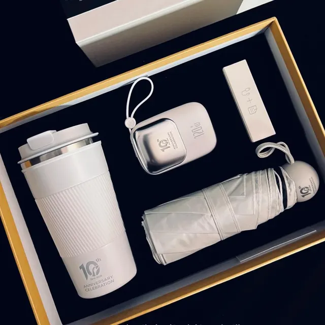 White Tumbler, Power Bank, Umbrella and Charging Cable Gift Set