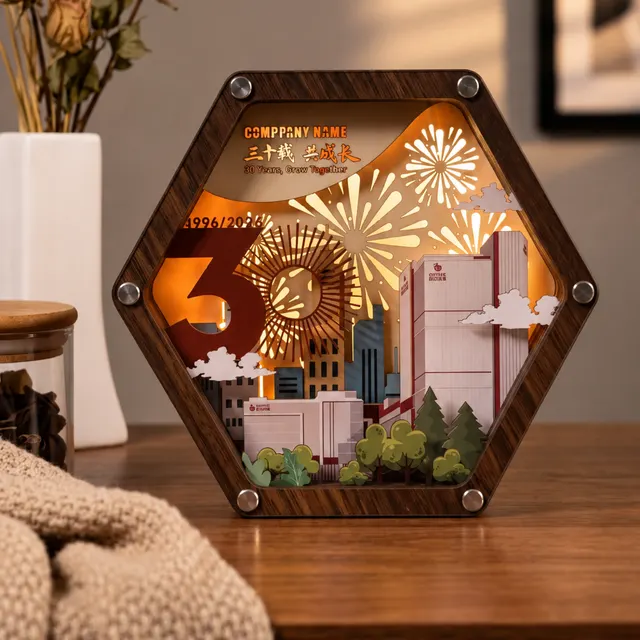 Hexagonal Wooden 30th Anniversary Night Light with Charging Cable corporate gift set