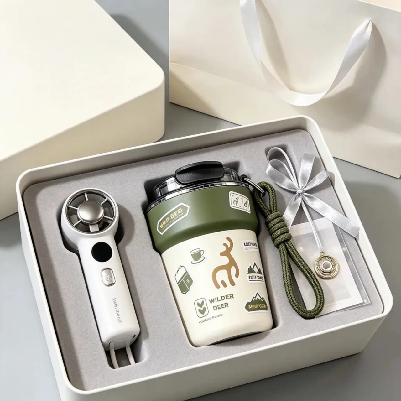 Tumbler and Handheld Fan Gift Set in Green Rigid Box