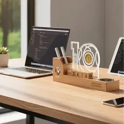 Beech Wood Desk Organizer with Wireless Charger and Light thumbnail 6