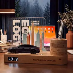 Wooden Desk Organizer with Digital Clock and Rotating Calendar thumbnail 3