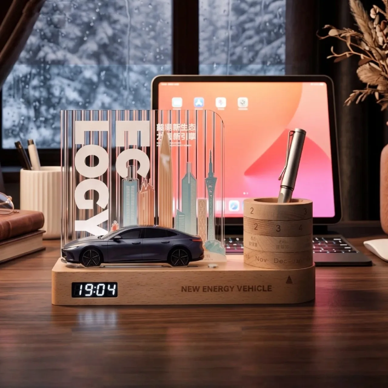 Wooden Desk Organizer with Digital Clock and Rotating Calendar — View 1