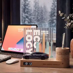 Wooden Desk Organizer with Digital Clock and Rotating Calendar thumbnail 2