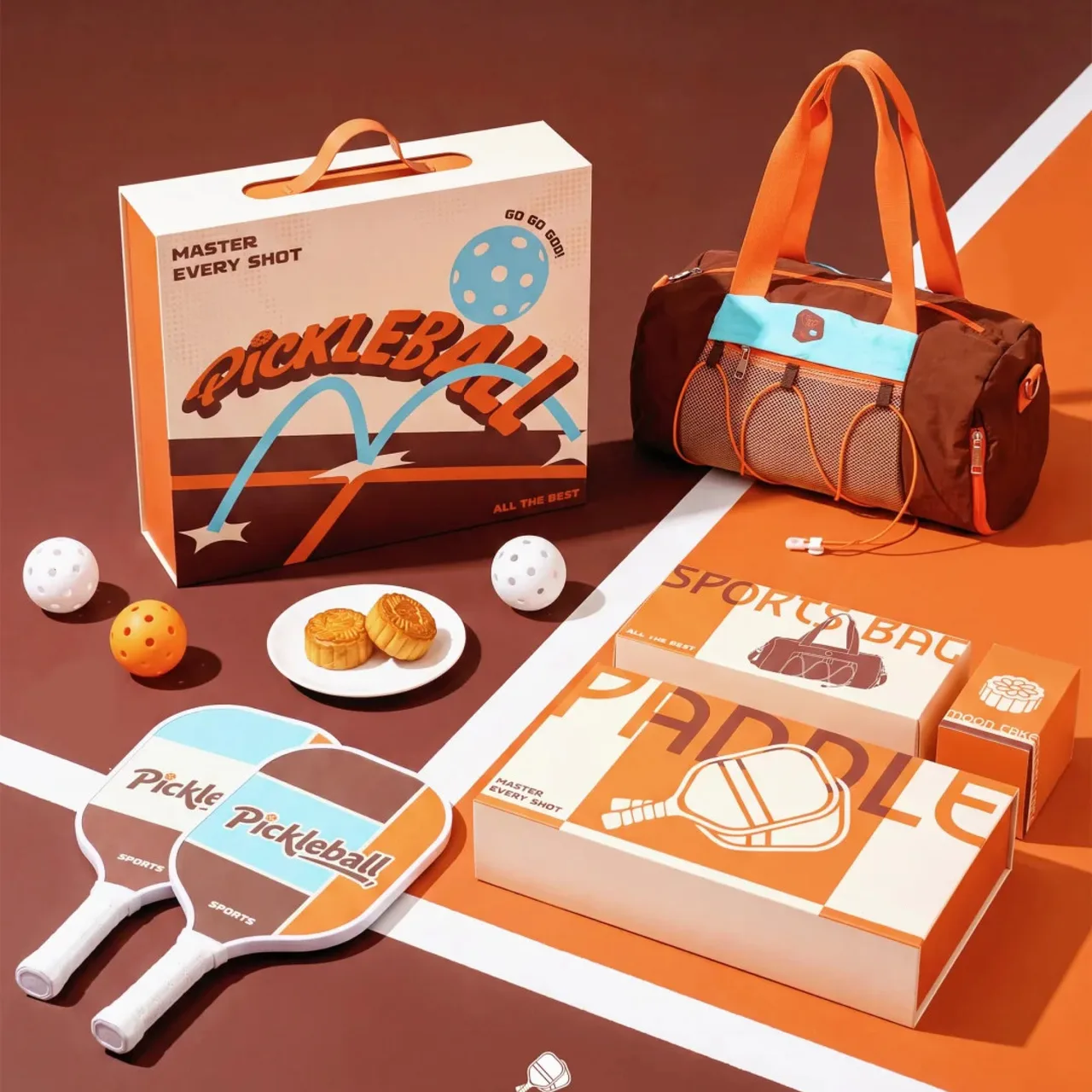 Pickleball Paddle Set with Duffel Bag and Snacks in Orange Gift Box