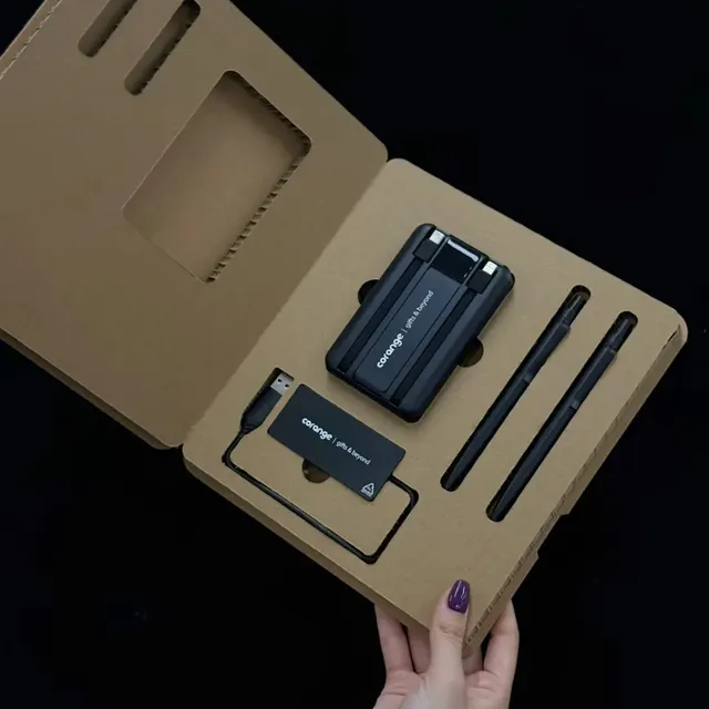 Power Bank, USB Hub, Pens, and Cable in Brown Corrugated Gift Box