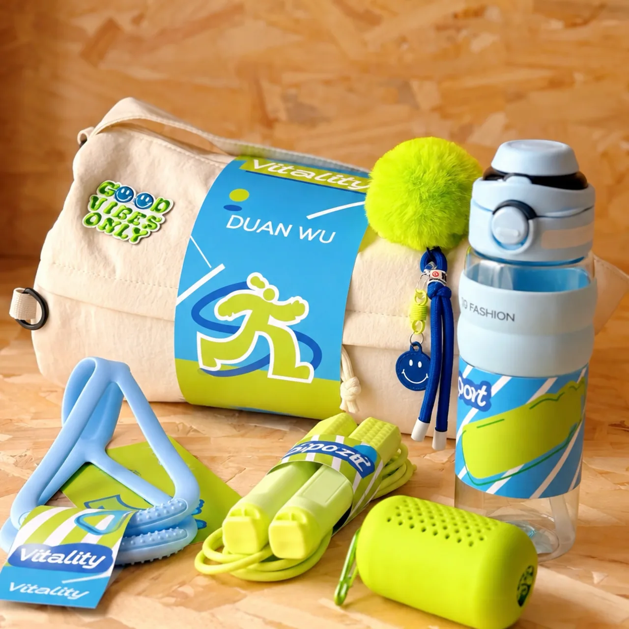 Beige Tote, Blue Water Bottle & Green Towel Set — View 1