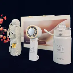 White Handheld Fan, Thermos and Compact Umbrella Gift Set thumbnail 5