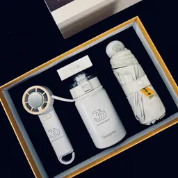 White Handheld Fan, Thermos and Compact Umbrella Gift Set thumbnail 3