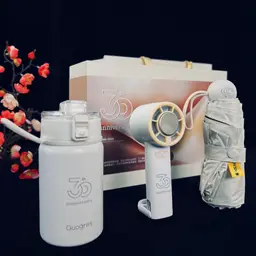 White Handheld Fan, Thermos and Compact Umbrella Gift Set thumbnail 4