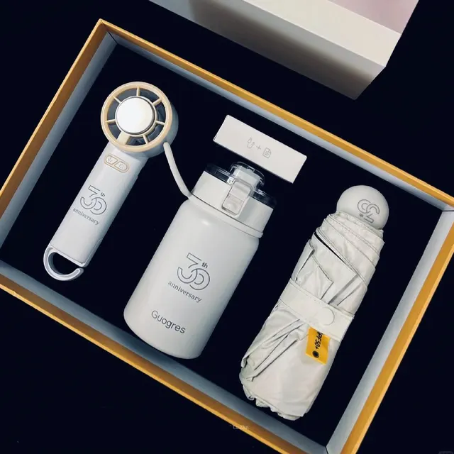 White Handheld Fan, Thermos and Compact Umbrella Gift Set