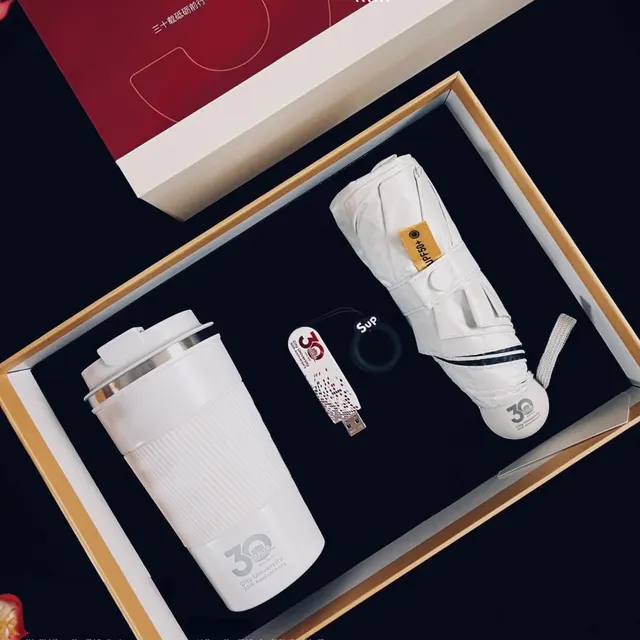 White Tumbler and Foldable Umbrella Gift Set with Custom Insert