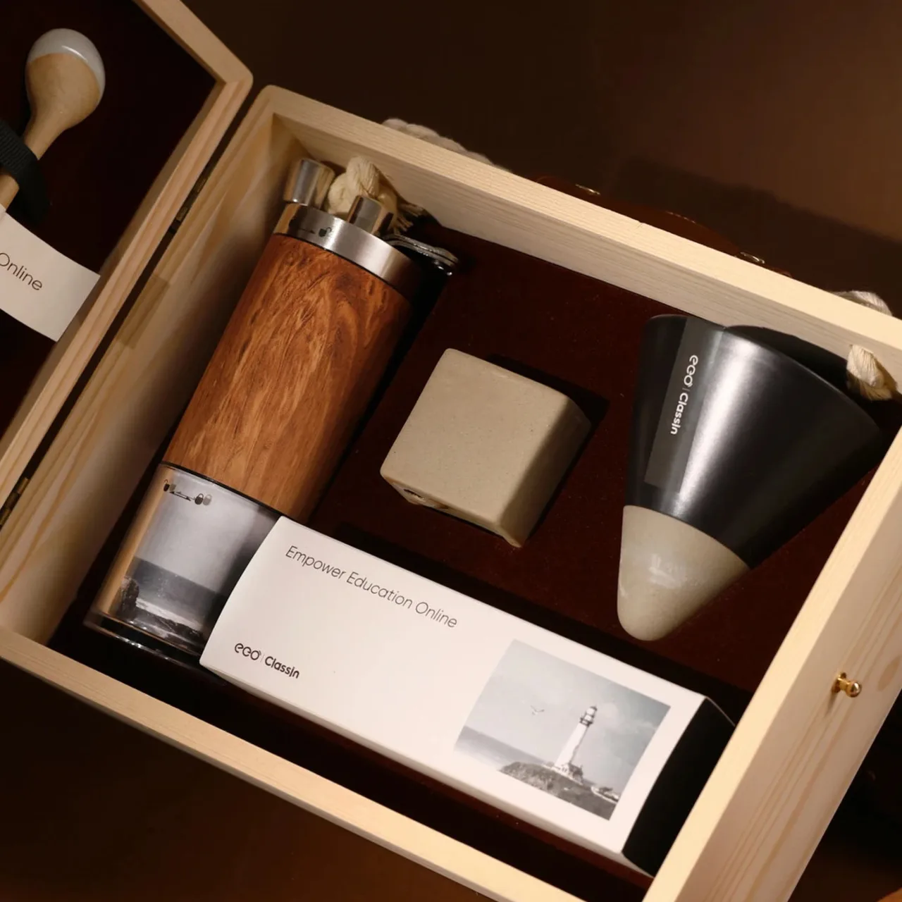 Portable Coffee Grinder and Dripper Gift Set in Wooden Box