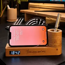 Wood Desk Organizer with Digital Clock and Metal Pen thumbnail 2