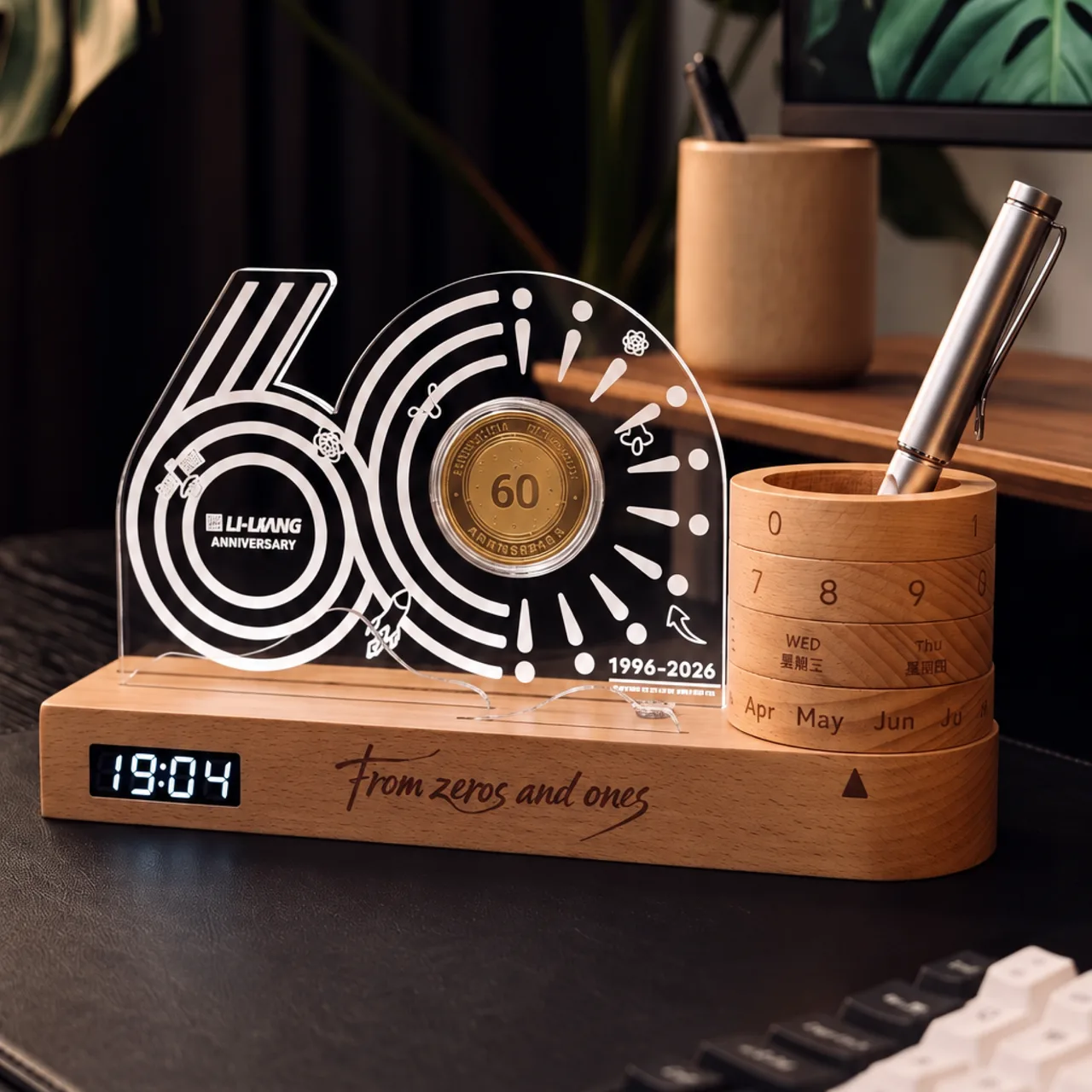 Wood Desk Organizer with Digital Clock and Metal Pen — View 1