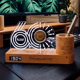 Wood Desk Organizer with Digital Clock and Metal Pen thumbnail 3