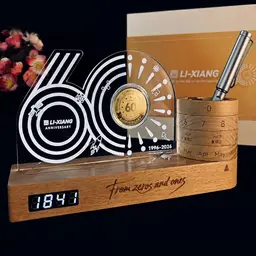 Wood Desk Organizer with Digital Clock and Metal Pen thumbnail 5