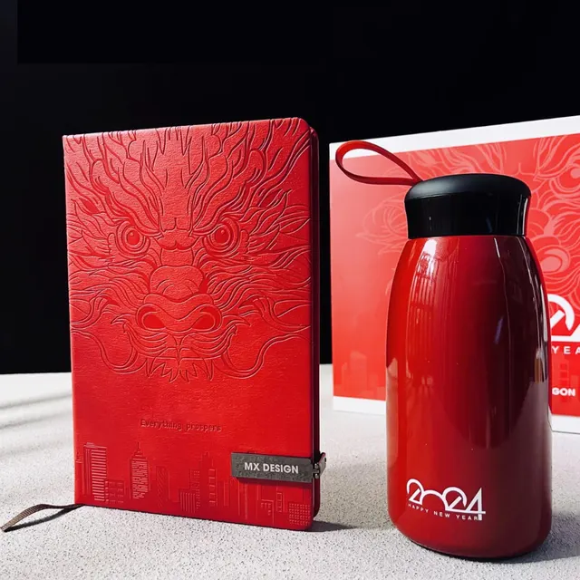 Red A5 Leather Notebook and 520 ml Thermos Gift Set