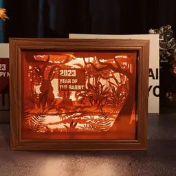 Wooden Frame Paper Carving Rabbit Lamp Gift Set thumbnail 2