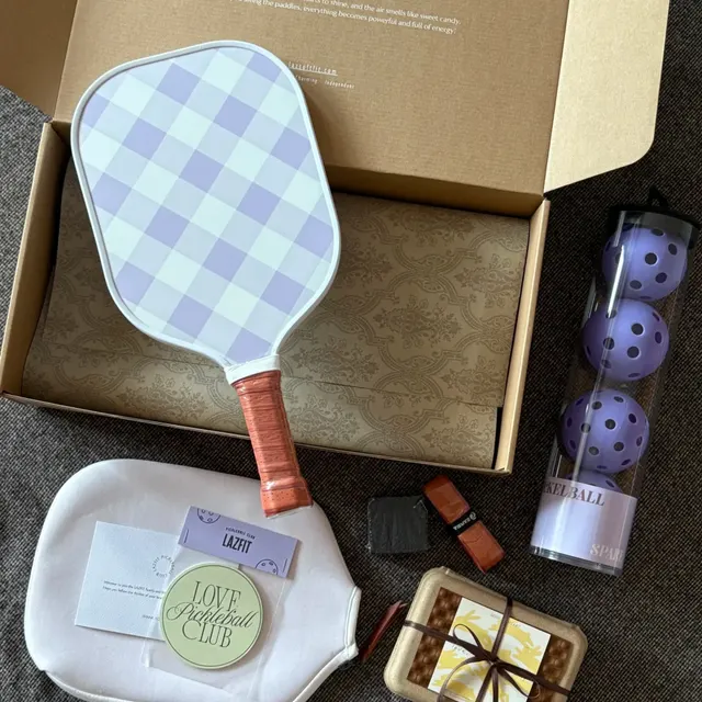 Purple Checkered Pickleball Paddle and Ball Gift Set corporate gift set