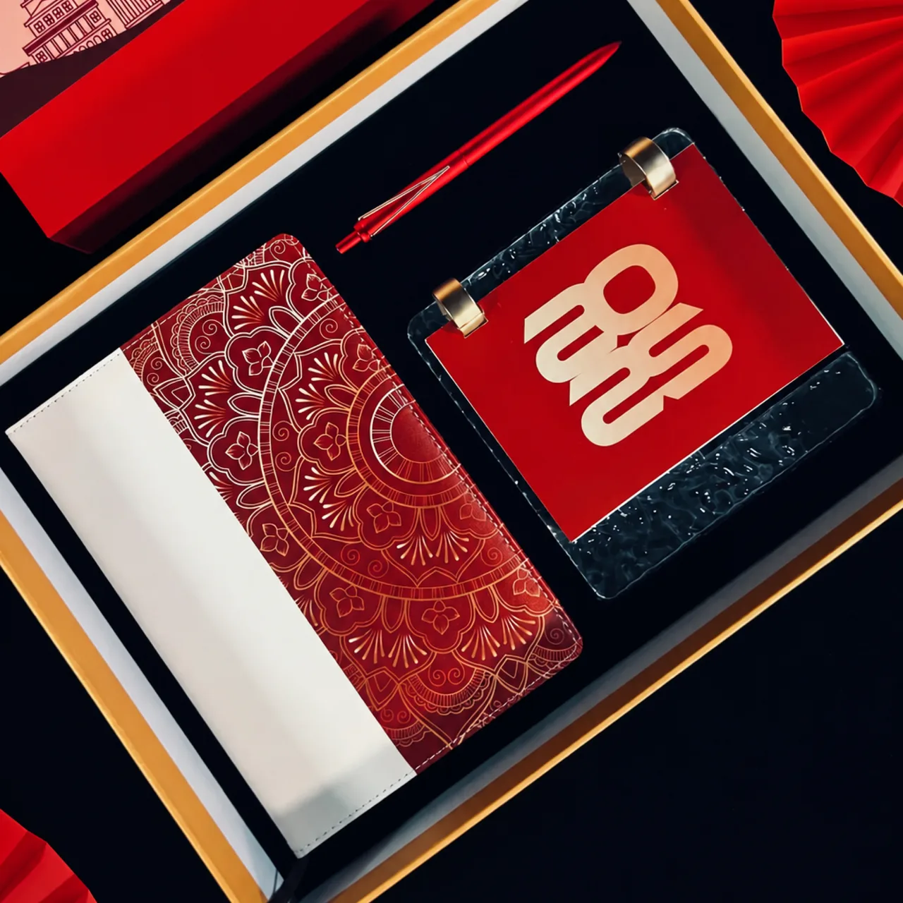 A5 Notebook, Pen, and Desk Calendar Gift Set in Red Box