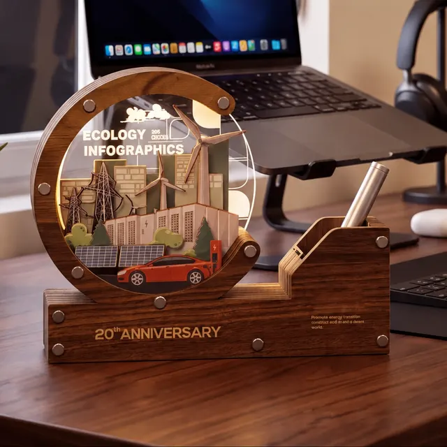 Wooden Desk Organizer with Light and Pen Gift Set corporate gift set