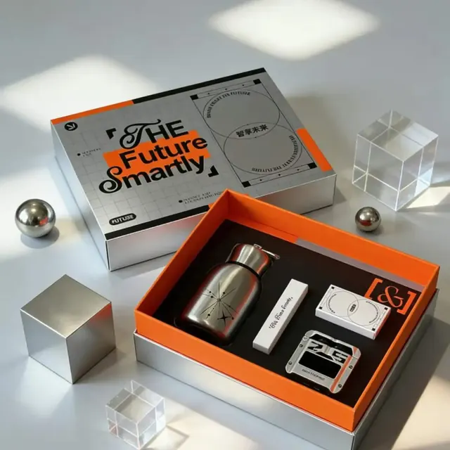 An open gift box displaying a silver bottle, a white stick, a white card, and a silver rectangular item, next to a closed gift box labeled 'THE Future Smartly'.