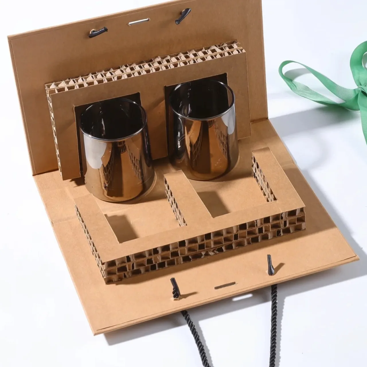 Two Smoky Glass Tumblers in Kraft Gift Bag with Green Ribbon