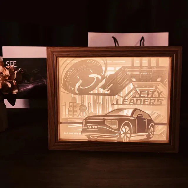 Paper Carving Lamp Gift Set with Wooden Frame corporate gift set