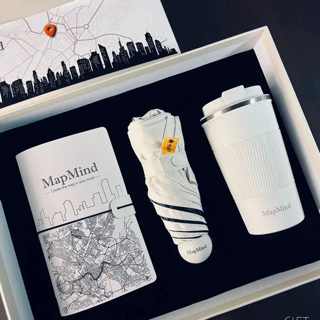 Notebook, Umbrella and Tumbler Gift Set in White Rigid Box