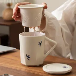Beige Ceramic Tea Mug Gift Set with Lid and Infuser thumbnail 2