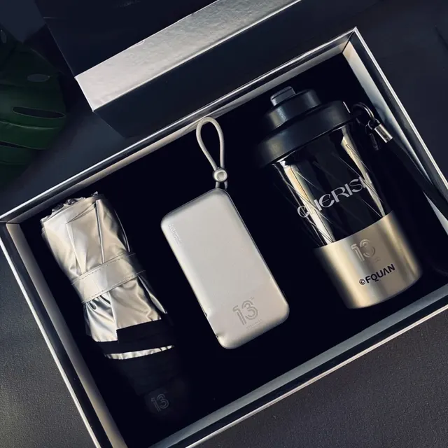 Silver Umbrella, Power Bank & Water Bottle Gift Set