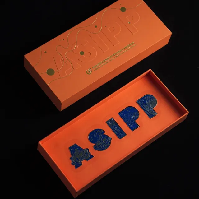 Five Metal Letter Badges in Orange Rigid Gift Box