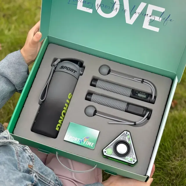 Water Bottle, Bluetooth Speaker & Rope-less Jump Rope Gift Set corporate gift set